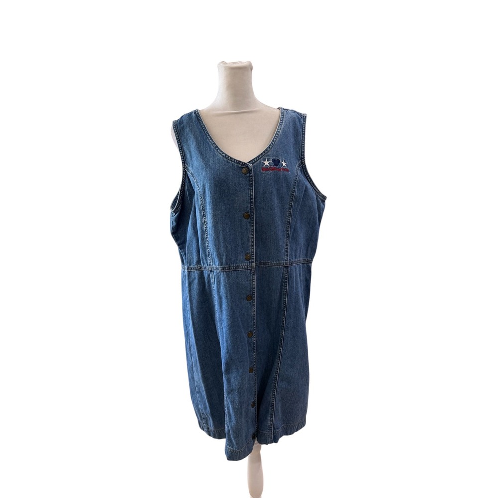 Walt‎ Disney World Vintage Denim Jumper Dress XL Mickey Mouse Button Front Blue